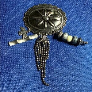 Silver western conch Brooch with Beads, Chains,eagle